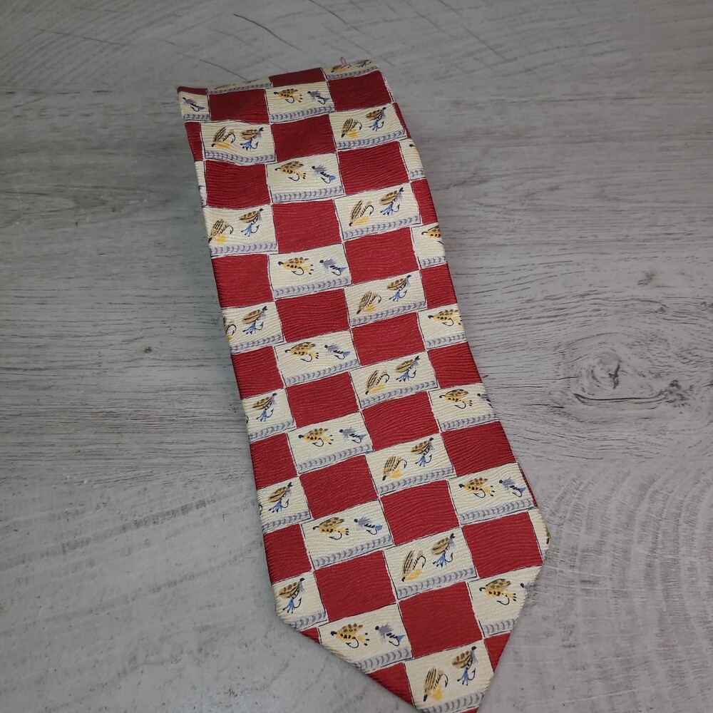 Nautica Mens Necktie Tie Fly Fishing Lure Silk Geometric EUC